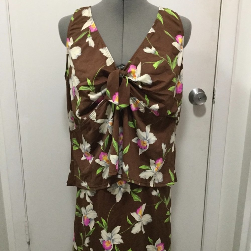 Brown Floral V-neck Tankini 2 Pc Swimsuit